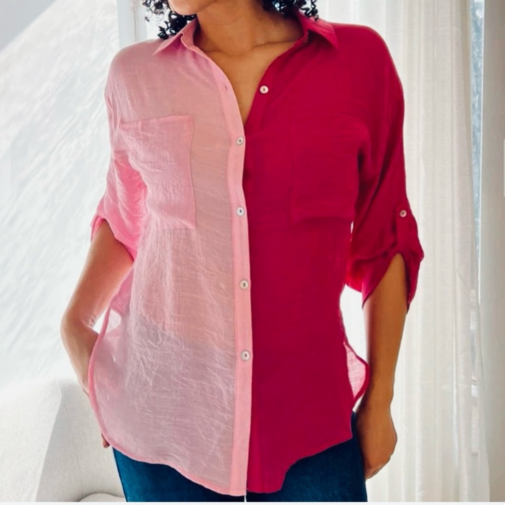 Aakaa Two-Tone Pink Button Down Blouse – Size M NWOT